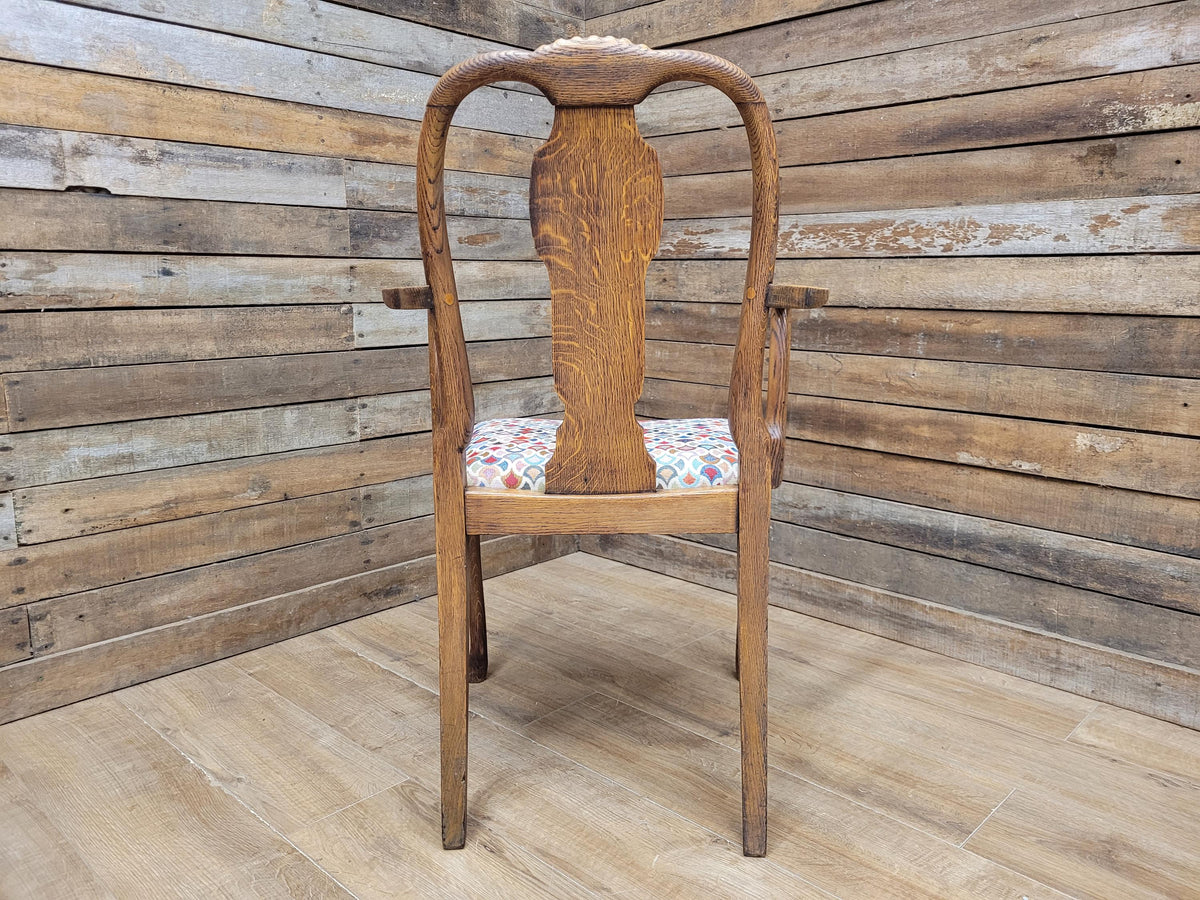 Edwardian Oak Queen Anne Style Carver Armchair Shell Carved Back