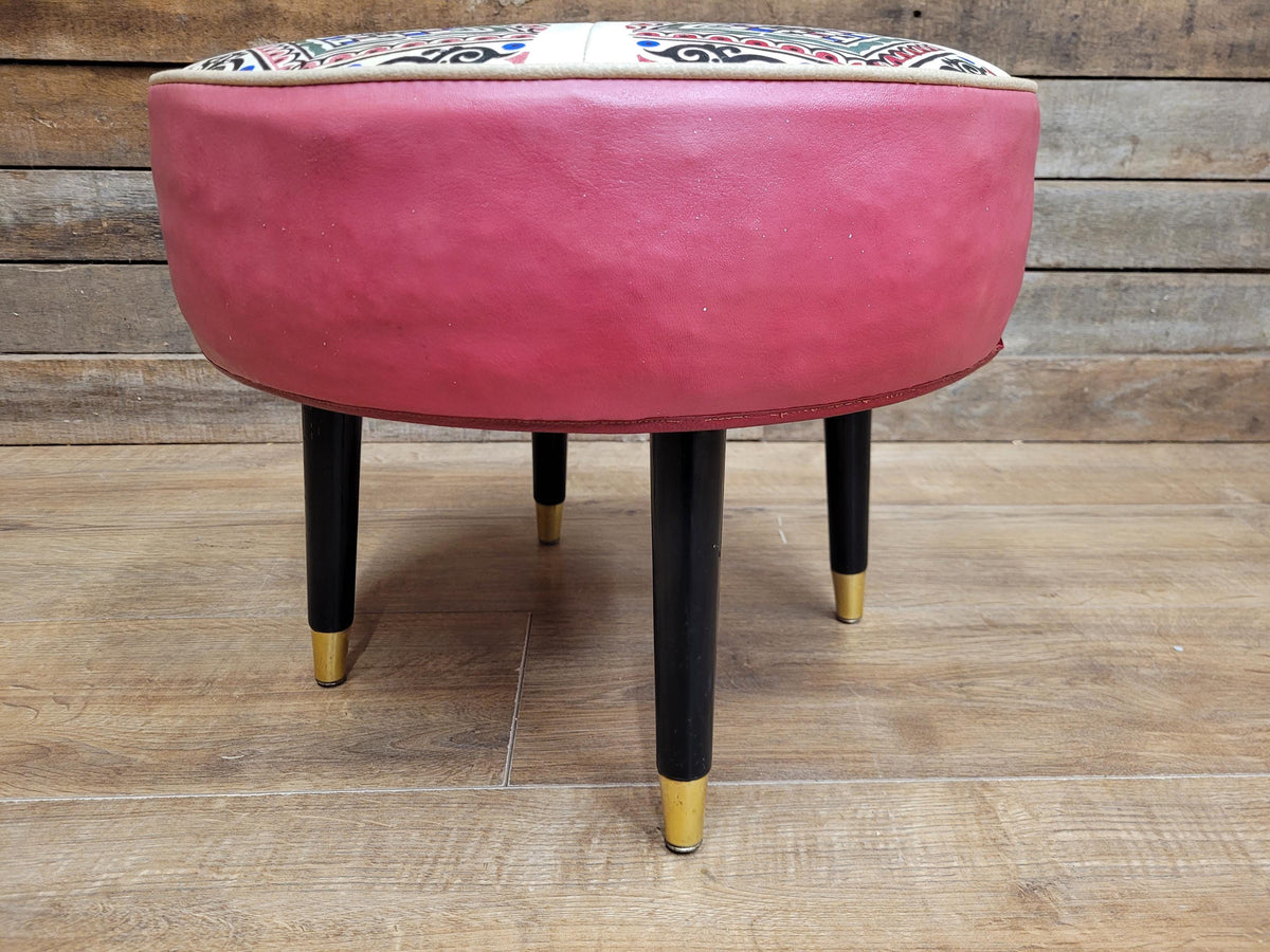 Mid Century Round Faux Leather Ottoman Footstool Atomic Pattern