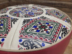 Mid Century Round Faux Leather Ottoman Footstool Atomic Pattern