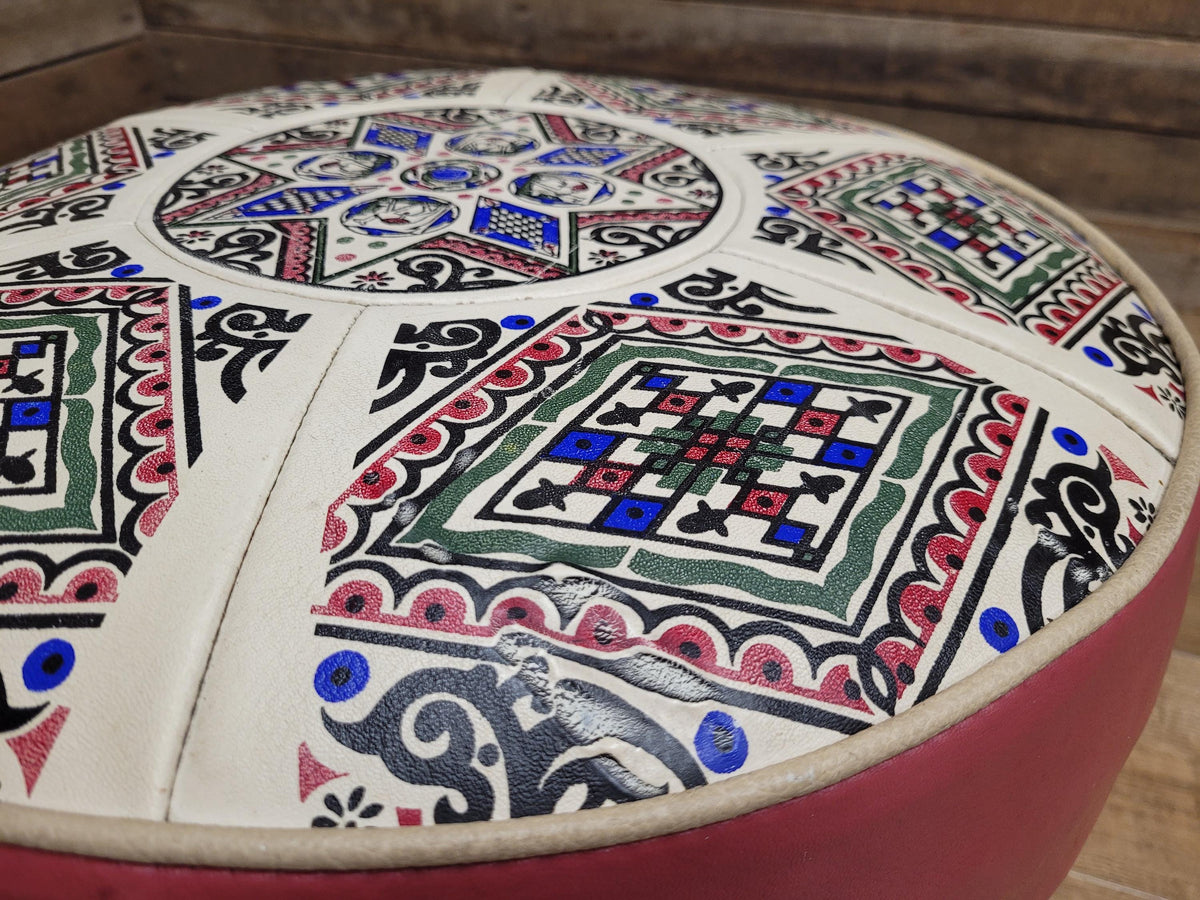 Mid Century Round Faux Leather Ottoman Footstool Atomic Pattern
