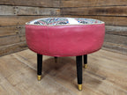 Mid Century Round Faux Leather Ottoman Footstool Atomic Pattern