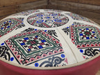 Mid Century Round Faux Leather Ottoman Footstool Atomic Pattern