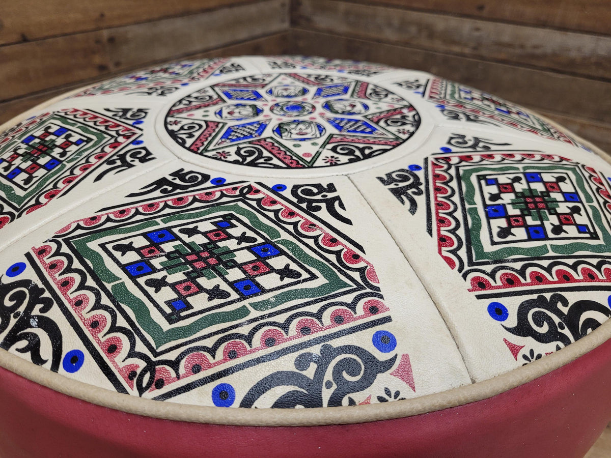 Mid Century Round Faux Leather Ottoman Footstool Atomic Pattern
