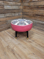 Mid Century Round Faux Leather Ottoman Footstool Atomic Pattern