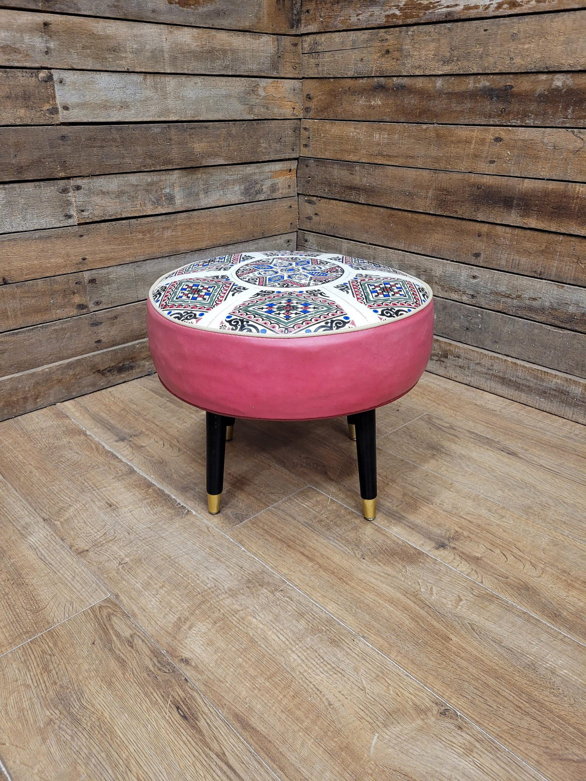 Mid Century Round Faux Leather Ottoman Footstool Atomic Pattern