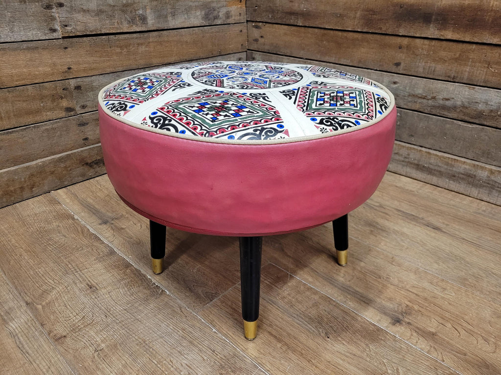 Mid Century Round Faux Leather Ottoman Footstool Atomic Pattern