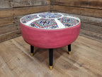 Mid Century Round Faux Leather Ottoman Footstool Atomic Pattern