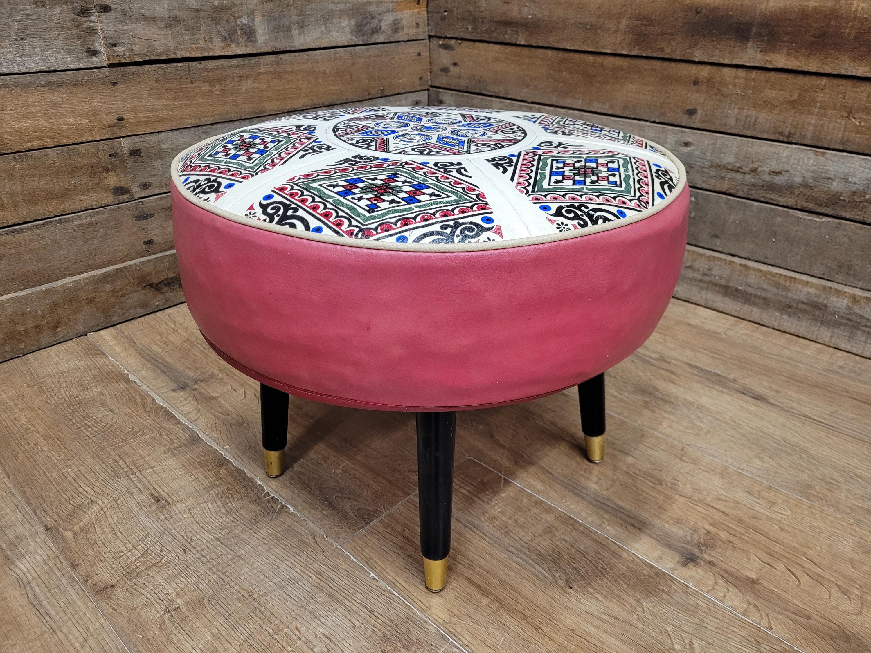 Mid Century Round Faux Leather Ottoman Footstool Atomic Pattern