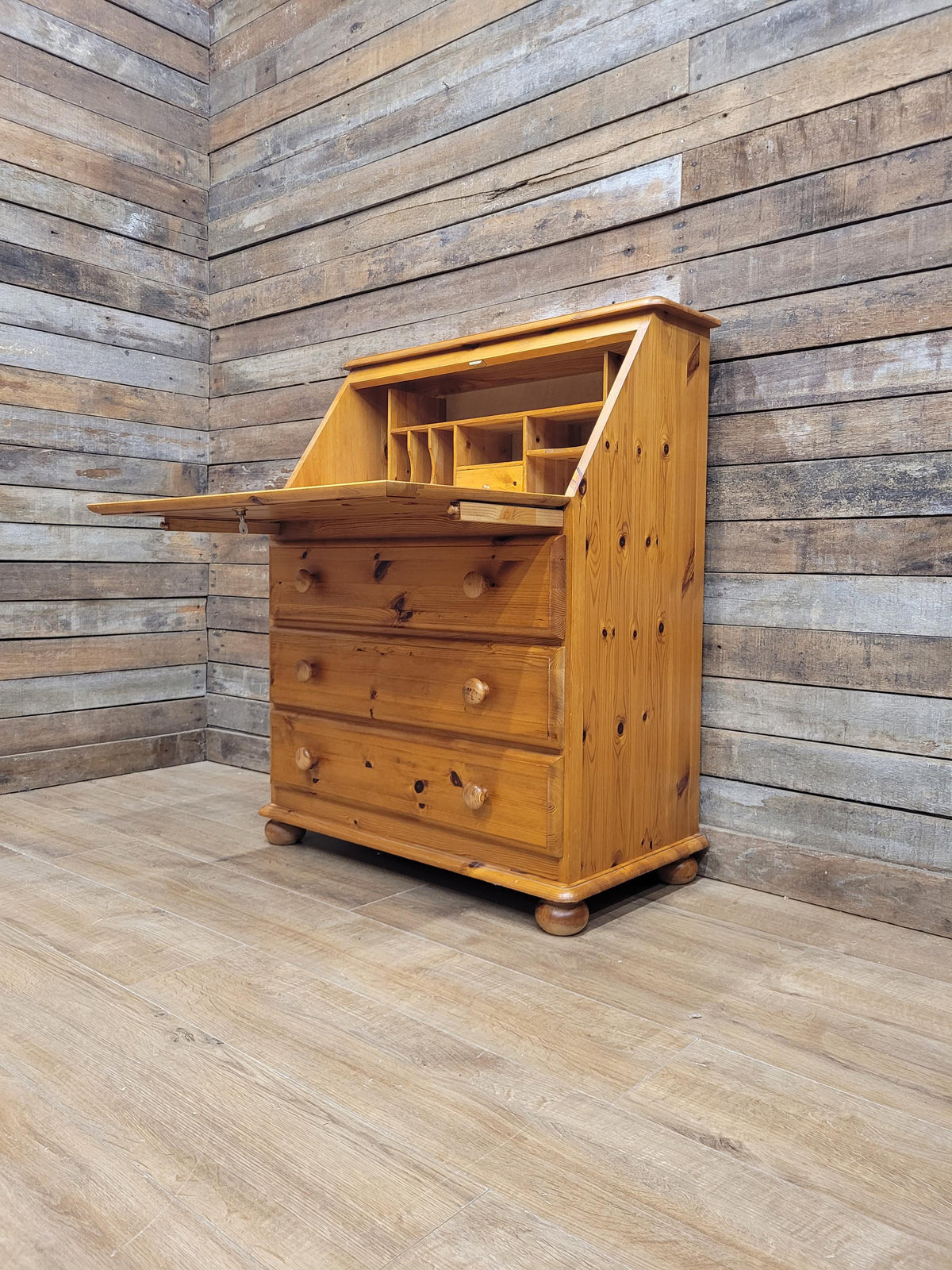 Vintage Solid Pine Bureau Writing Desk Three Drawer Secretary