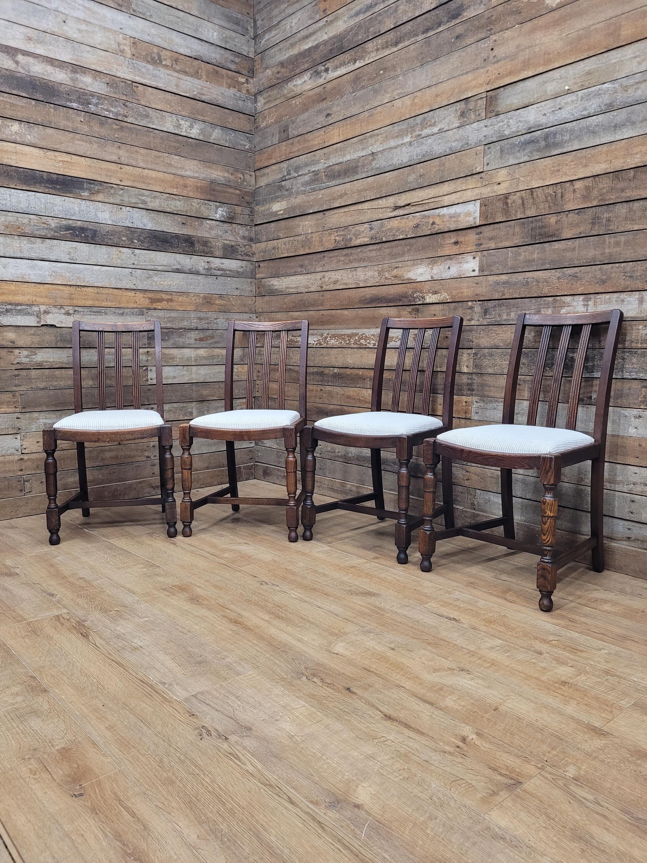 Set Of Four Oak Dining Chairs Neutral Chenille Upholstered Seats