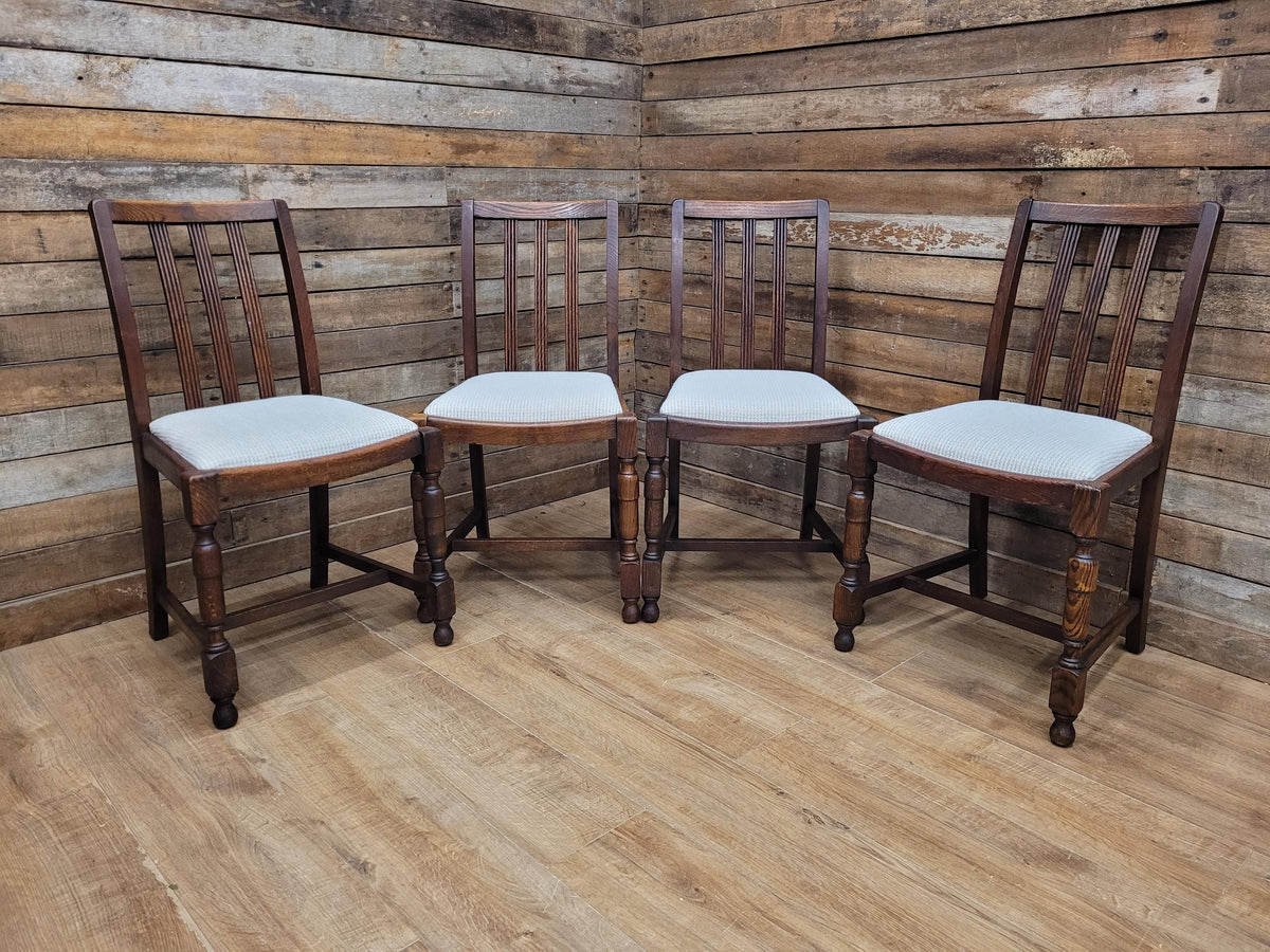 Set Of Four Oak Dining Chairs Neutral Chenille Upholstered Seats