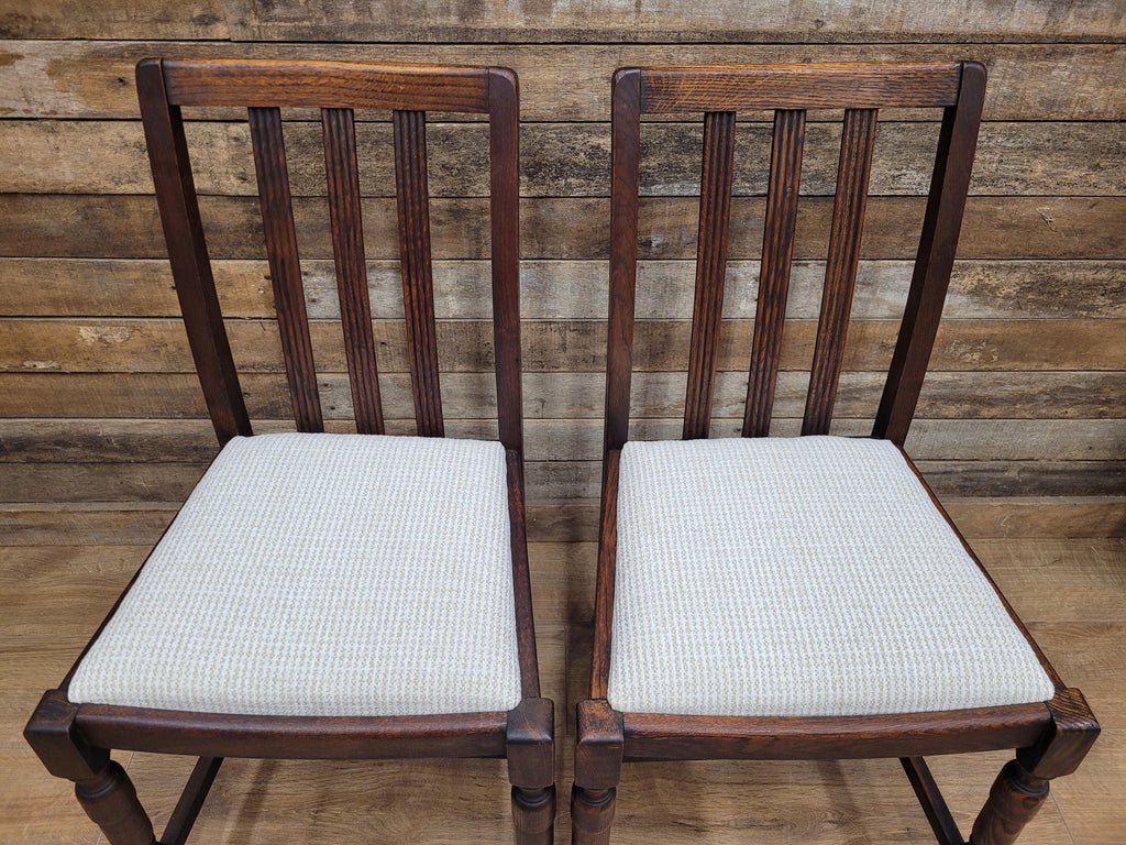 Set Of Four Oak Dining Chairs Neutral Chenille Upholstered Seats