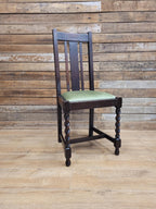 Edwardian Oak Barley Twist Dining Chair Green Velour Upholstered Seat