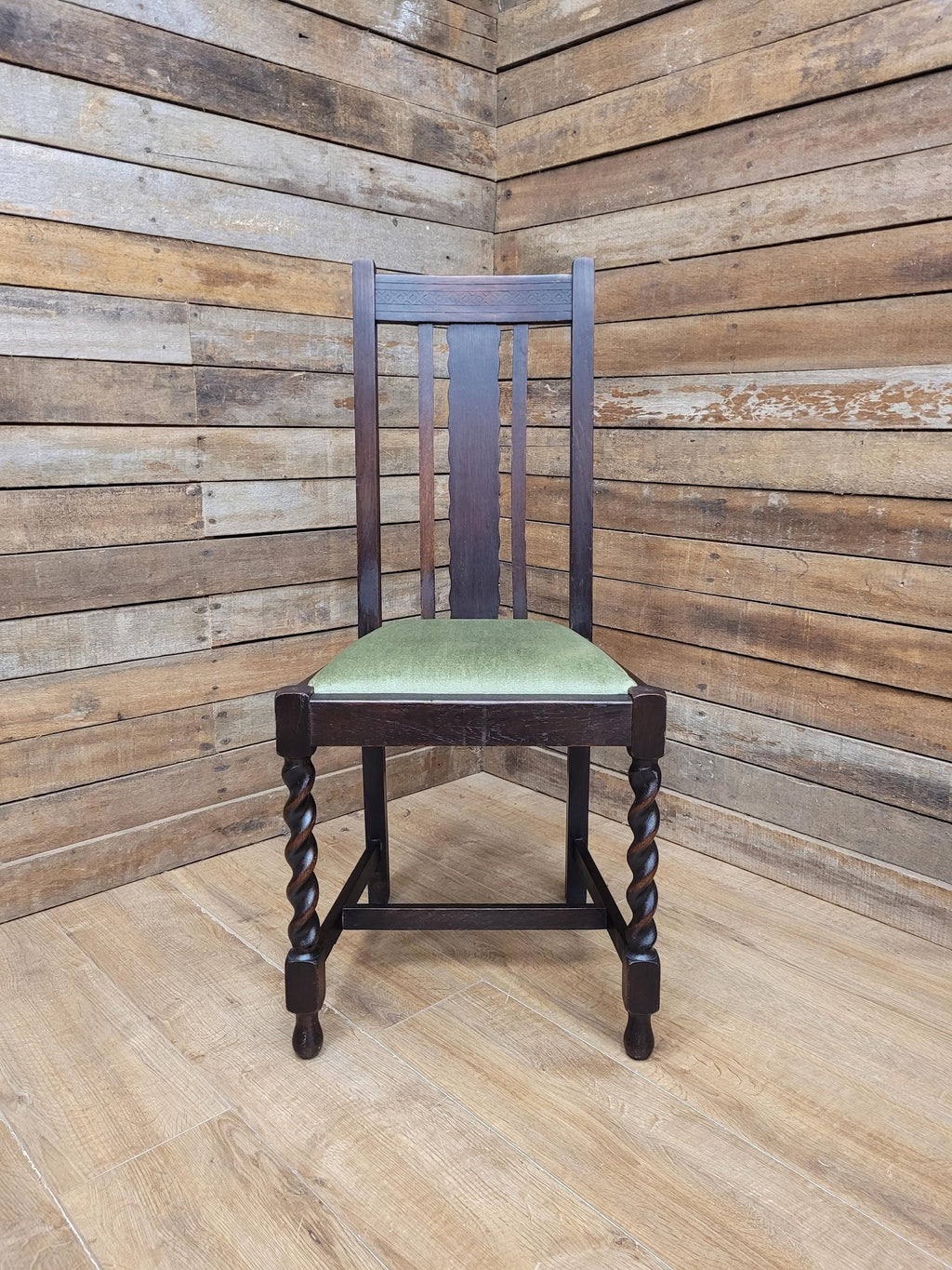 Edwardian Oak Barley Twist Dining Chair Green Velour Upholstered Seat