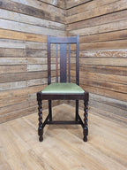 Edwardian Oak Barley Twist Dining Chair Green Velour Upholstered Seat