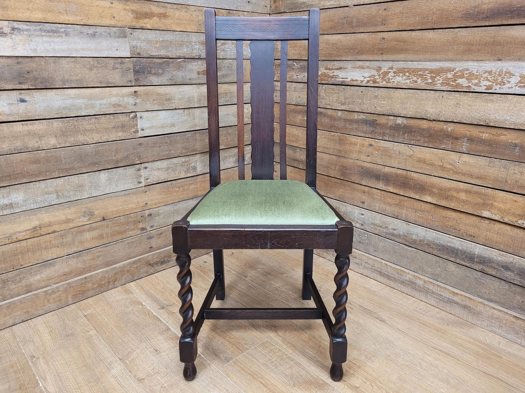 Edwardian Oak Barley Twist Dining Chair Green Velour Upholstered Seat