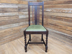 Edwardian Oak Barley Twist Dining Chair Green Velour Upholstered Seat