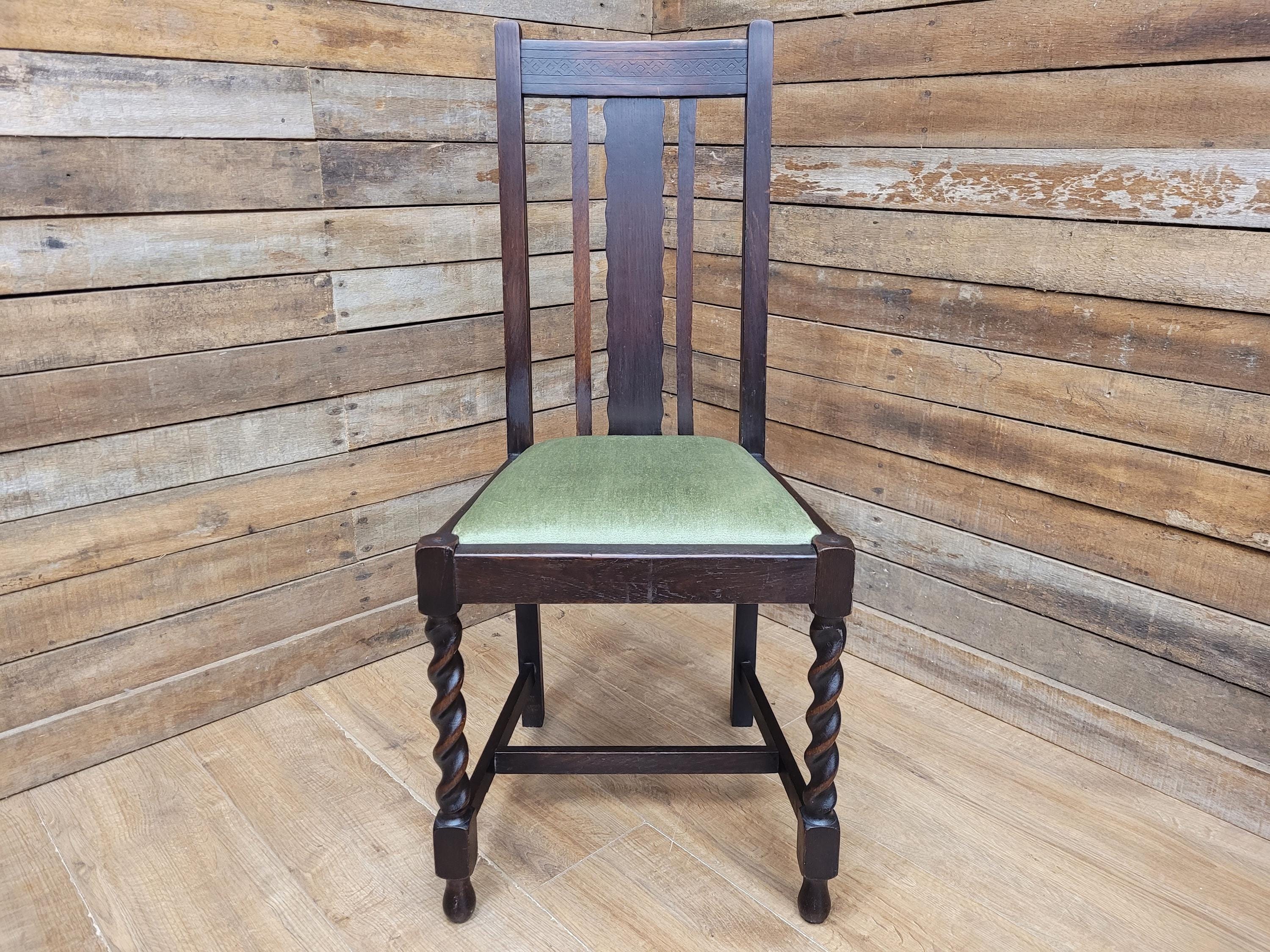 Edwardian Oak Barley Twist Dining Chair Green Velour Upholstered Seat