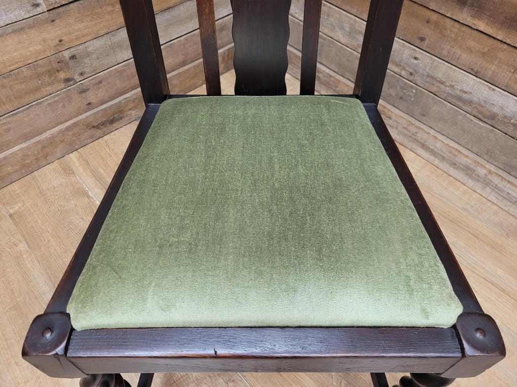 Edwardian Oak Barley Twist Dining Chair Green Velour Upholstered Seat