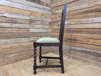 Edwardian Oak Barley Twist Dining Chair Green Velour Upholstered Seat