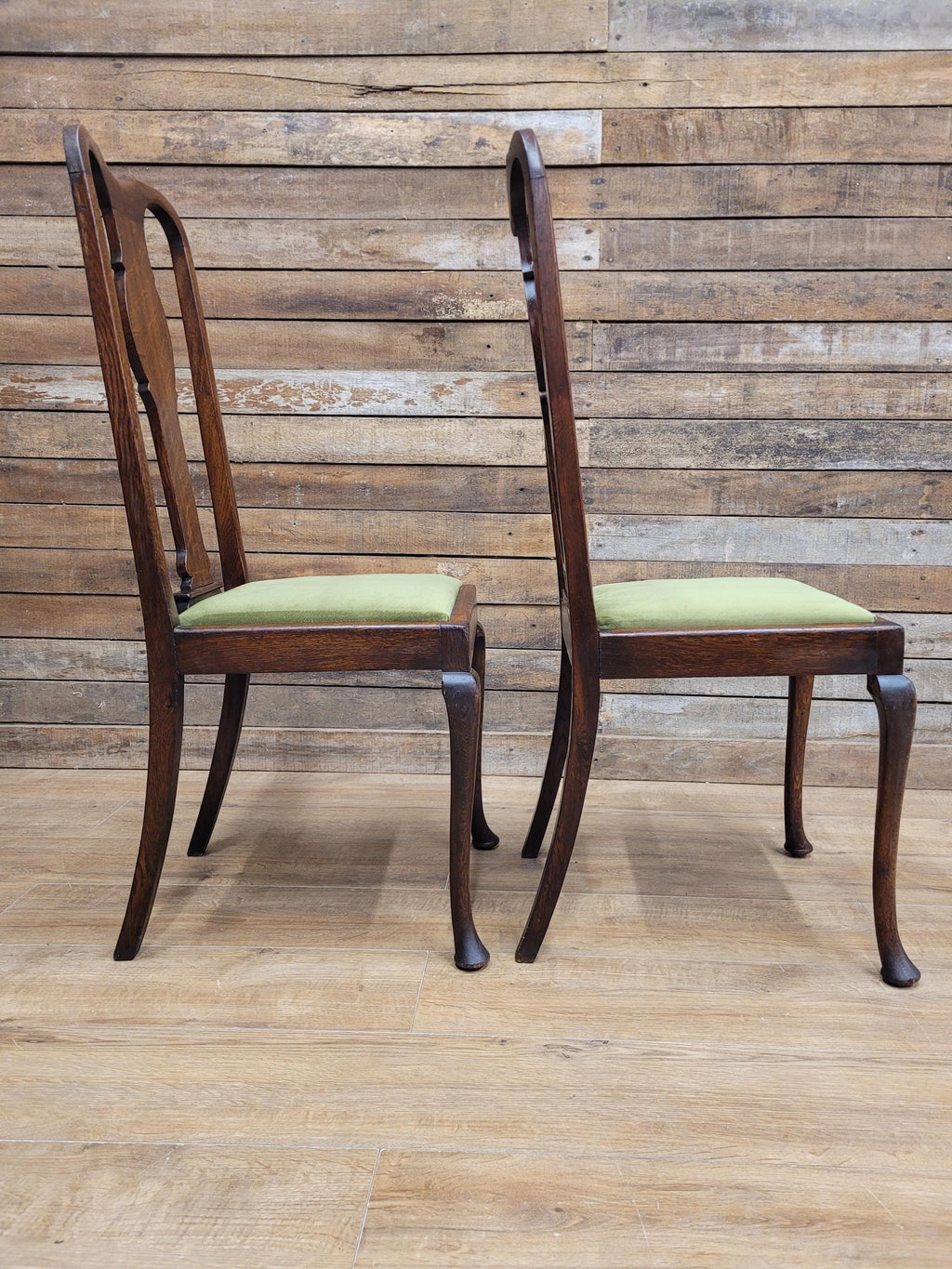Pair Of Oak Queen Anne Style Dining Chairs Olive Velvet Seats