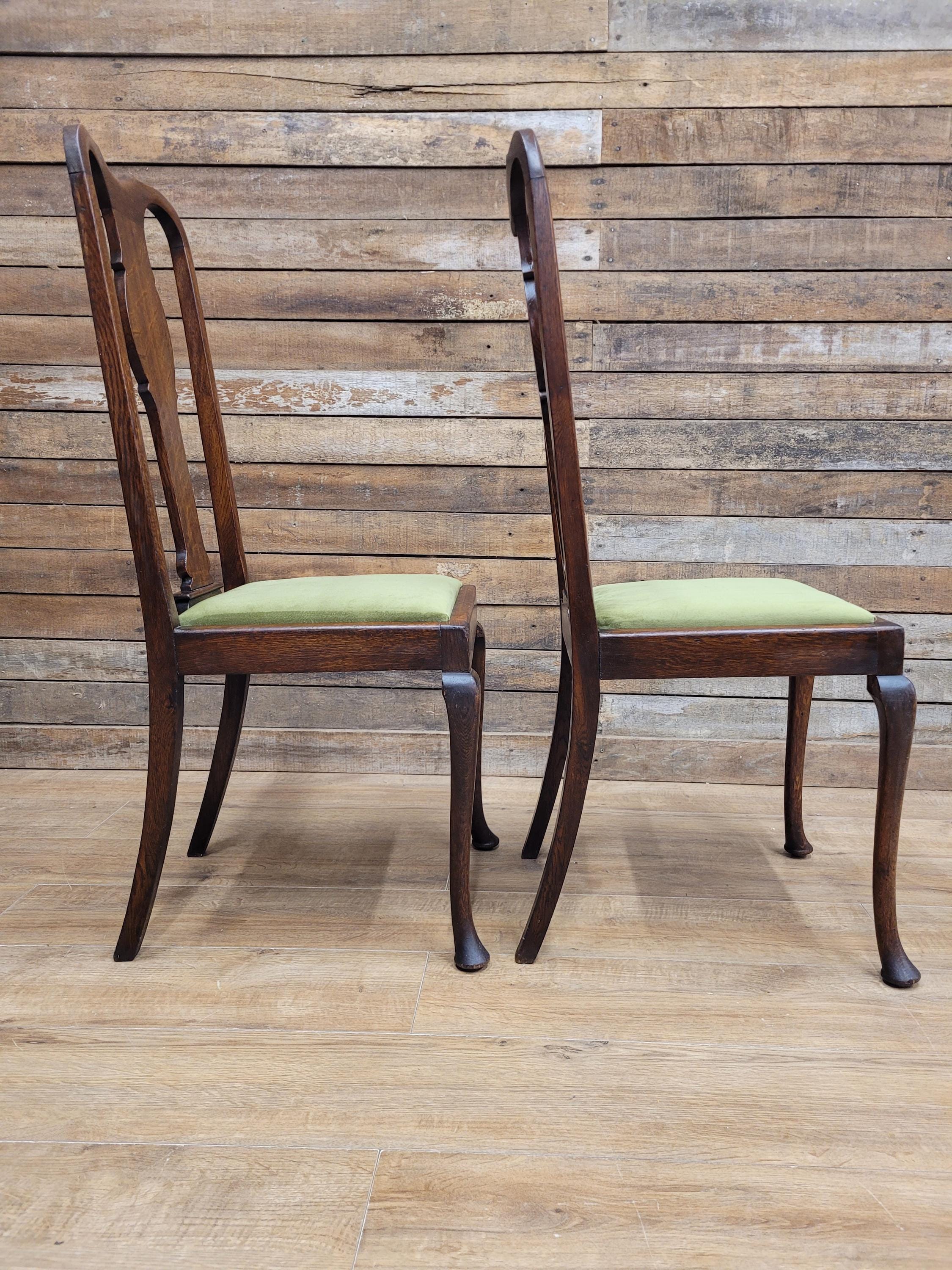 Pair Of Oak Queen Anne Style Dining Chairs Olive Velvet Seats