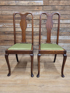 Pair Of Oak Queen Anne Style Dining Chairs Olive Velvet Seats