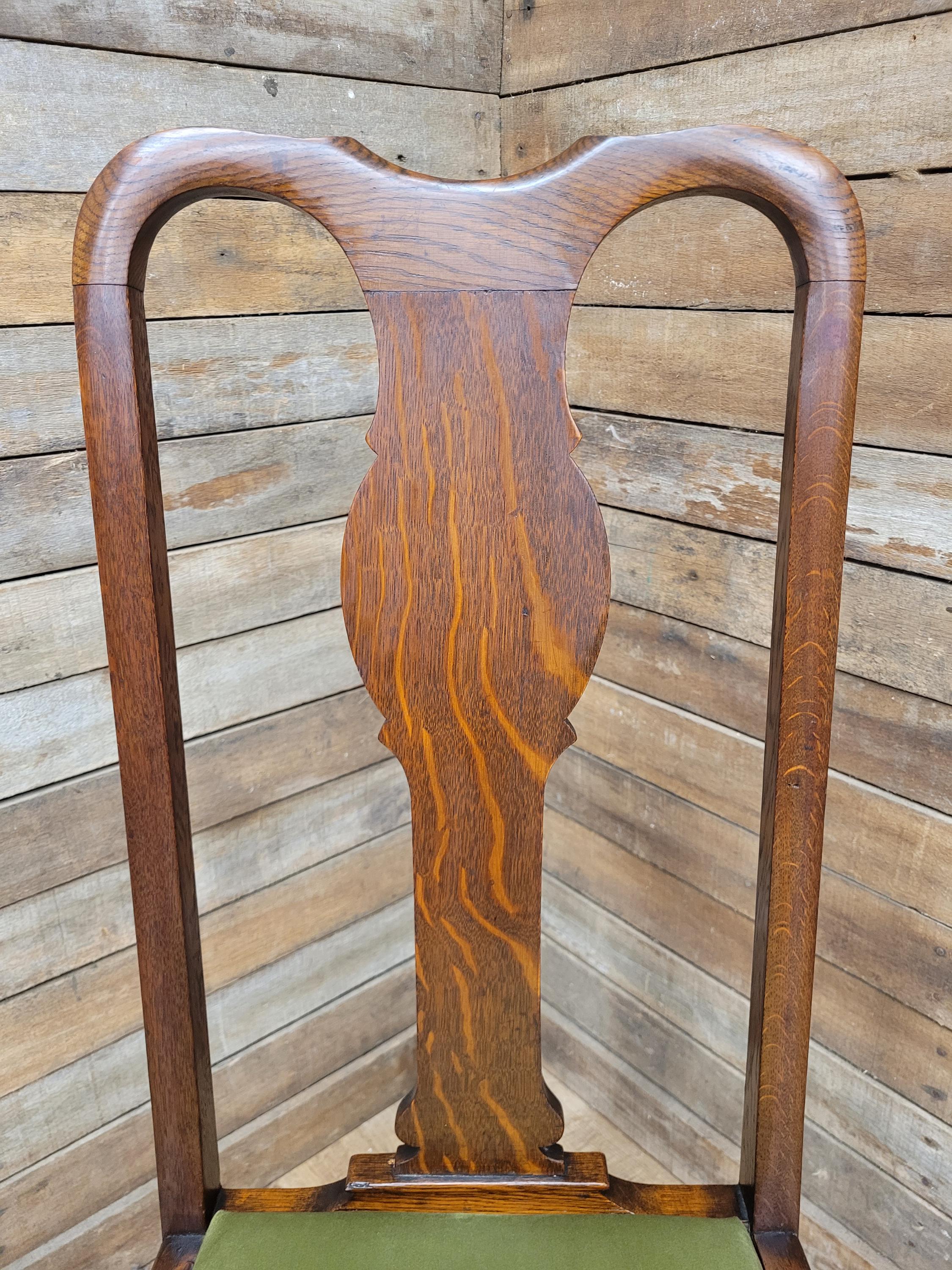 Pair Of Oak Queen Anne Style Dining Chairs Olive Velvet Seats