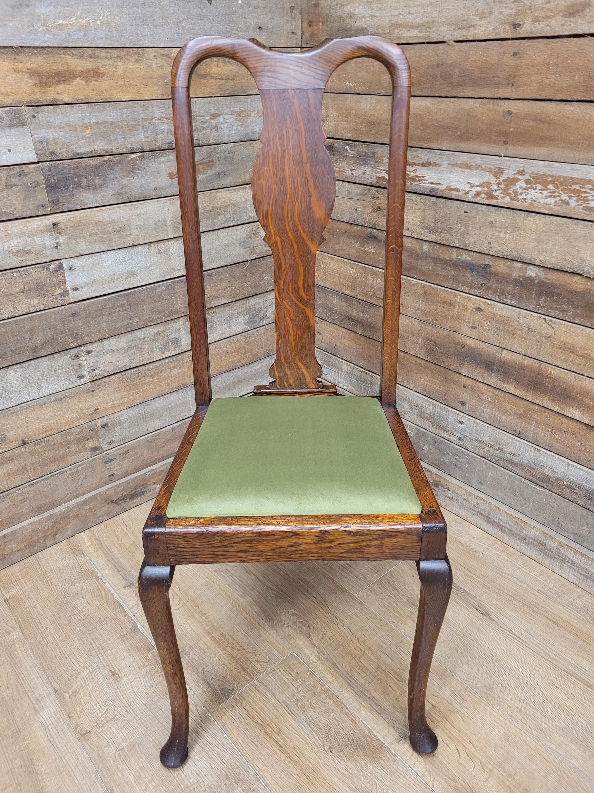 Pair Of Oak Queen Anne Style Dining Chairs Olive Velvet Seats