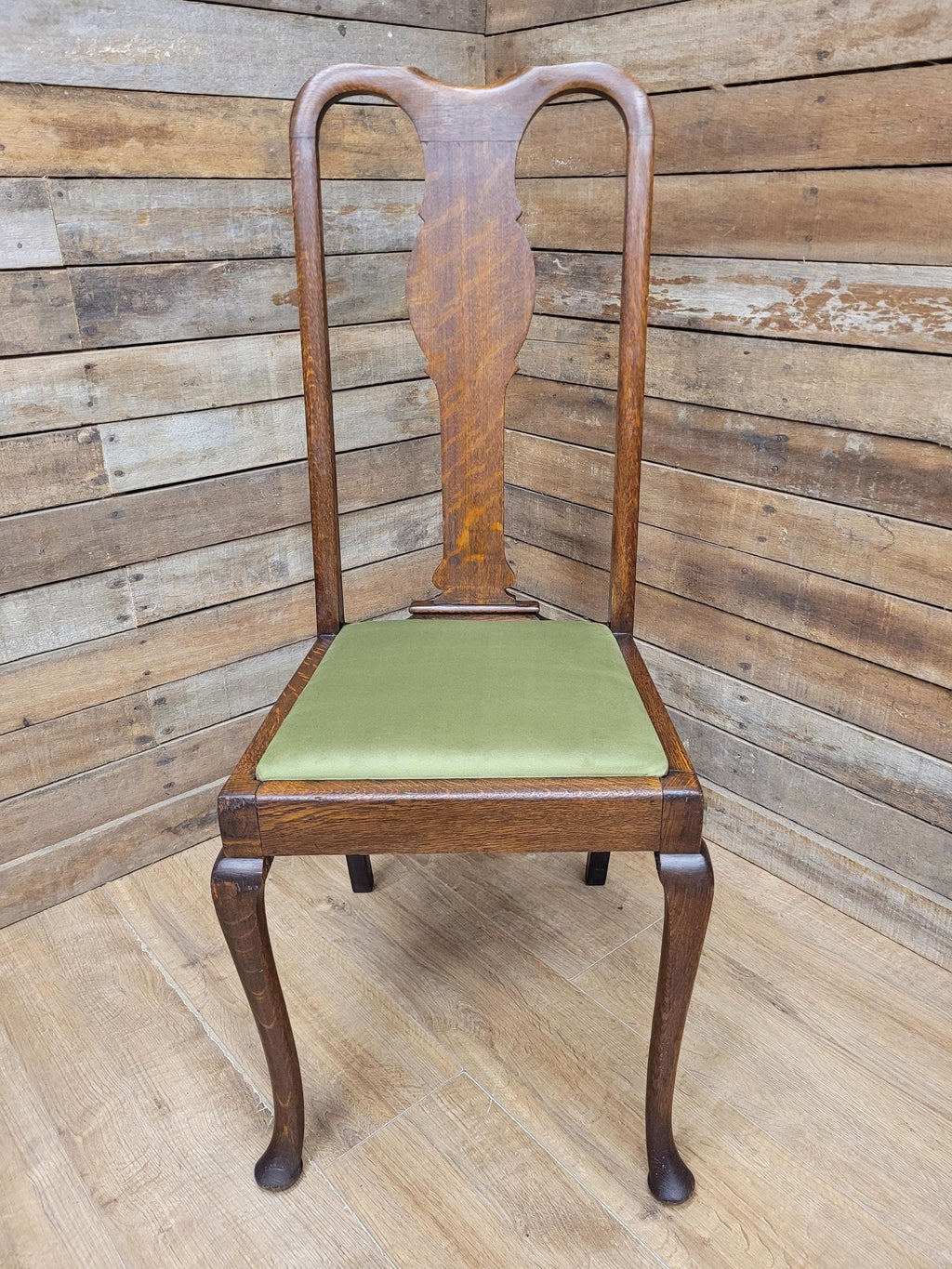Pair Of Oak Queen Anne Style Dining Chairs Olive Velvet Seats