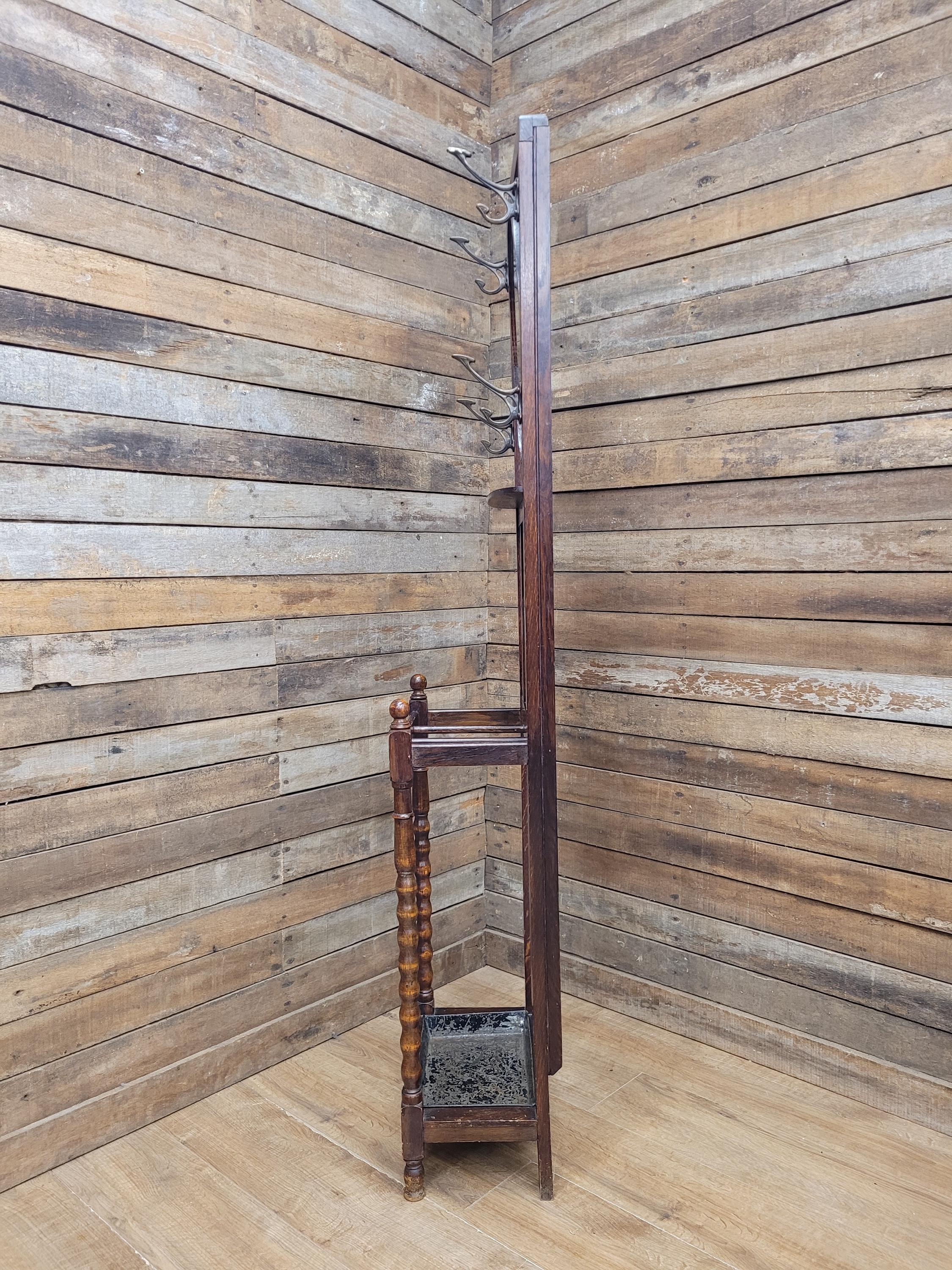 Edwardian Oak Hall Stand Arts & Craft Bevelled Mirror Original Drip Tray Antique