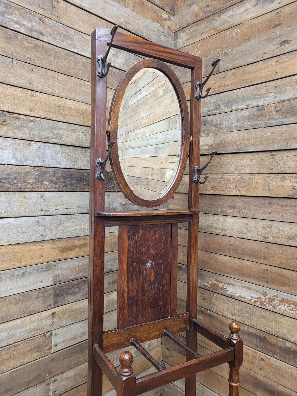 Edwardian Oak Hall Stand Arts & Craft Bevelled Mirror Original Drip Tray Antique