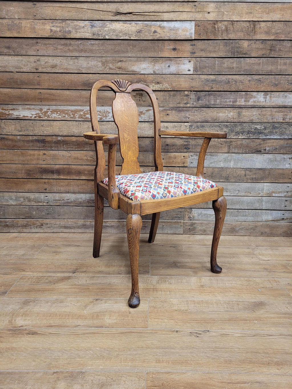 Edwardian Oak Queen Anne Style Carver Armchair Shell Carved Back