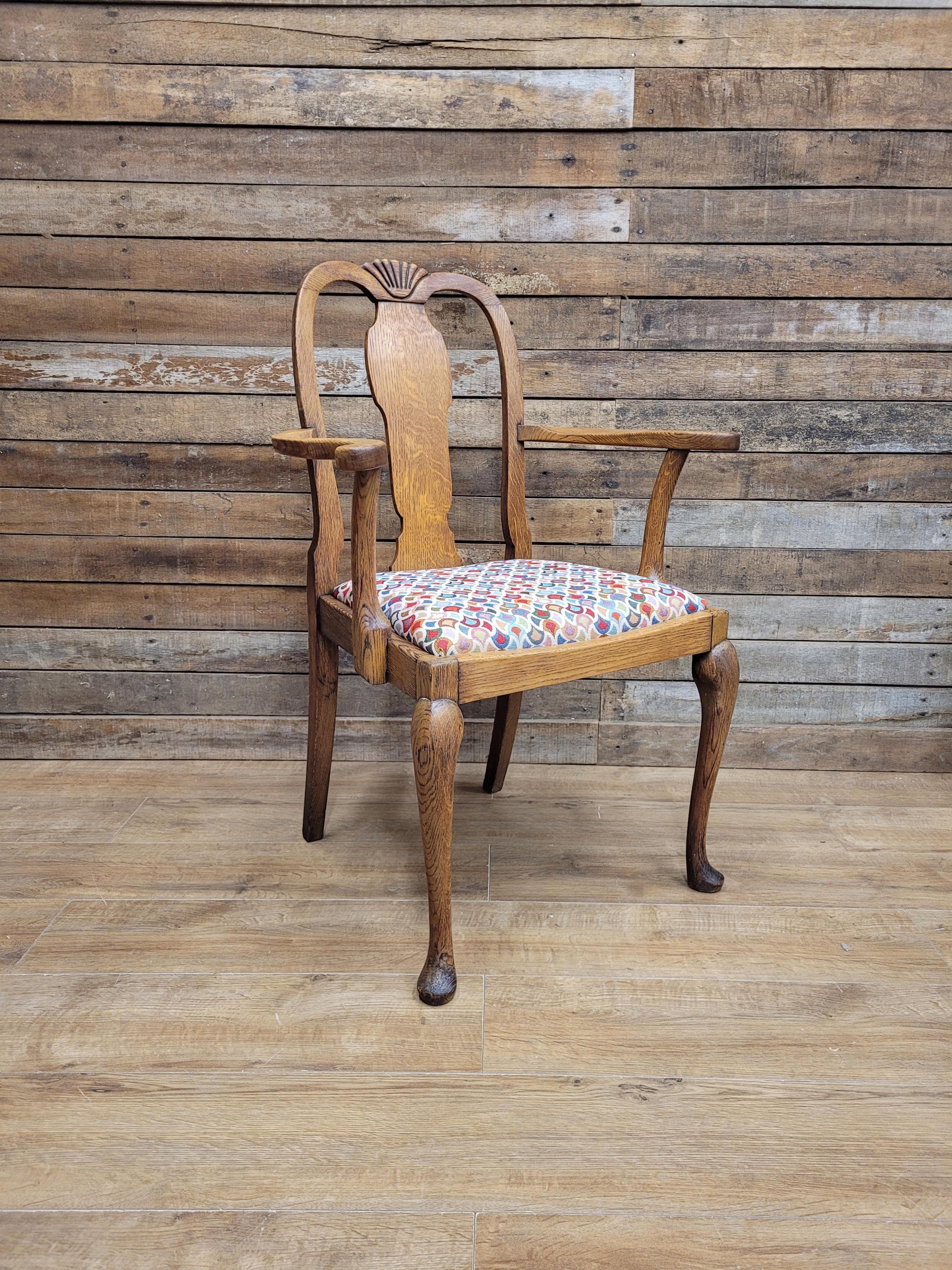 Edwardian Oak Queen Anne Style Carver Armchair Shell Carved Back