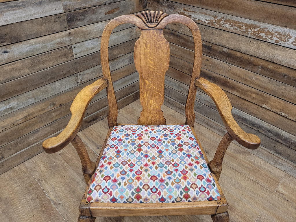 Edwardian Oak Queen Anne Style Carver Armchair Shell Carved Back