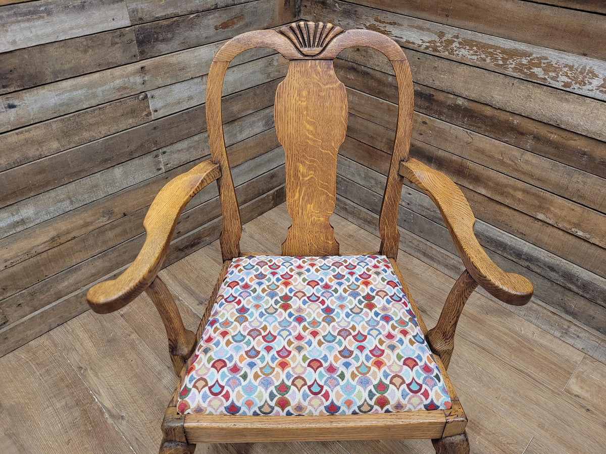 Edwardian Oak Queen Anne Style Carver Armchair Shell Carved Back