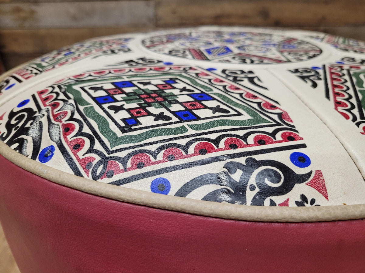 Mid Century Round Faux Leather Ottoman Footstool Atomic Pattern