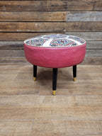 Mid Century Round Faux Leather Ottoman Footstool Atomic Pattern