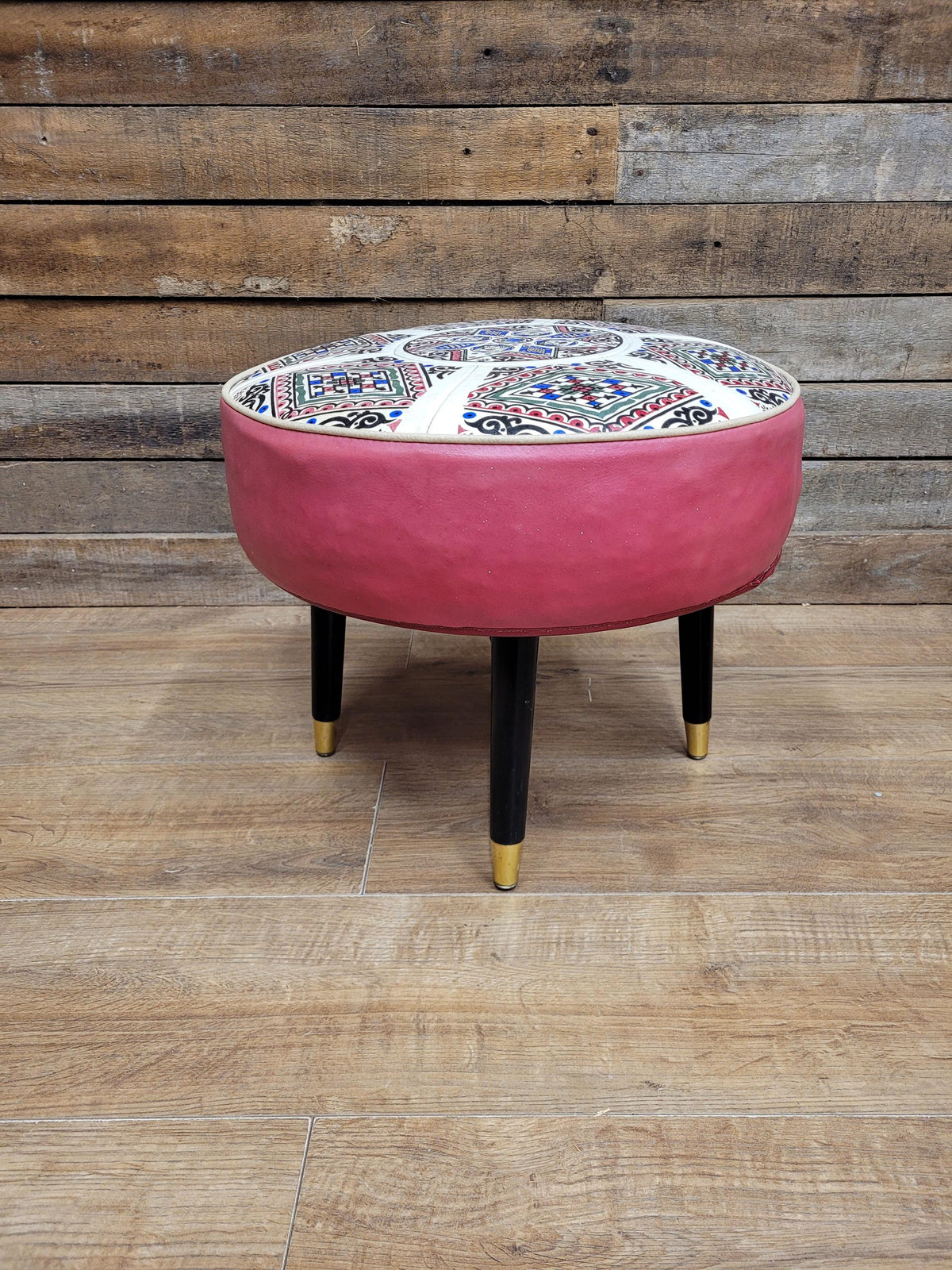 Mid Century Round Faux Leather Ottoman Footstool Atomic Pattern