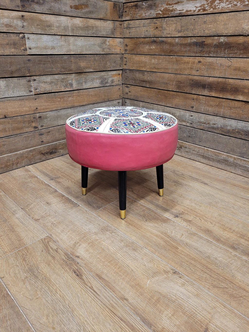 Mid Century Round Faux Leather Ottoman Footstool Atomic Pattern