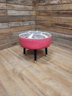 Mid Century Round Faux Leather Ottoman Footstool Atomic Pattern