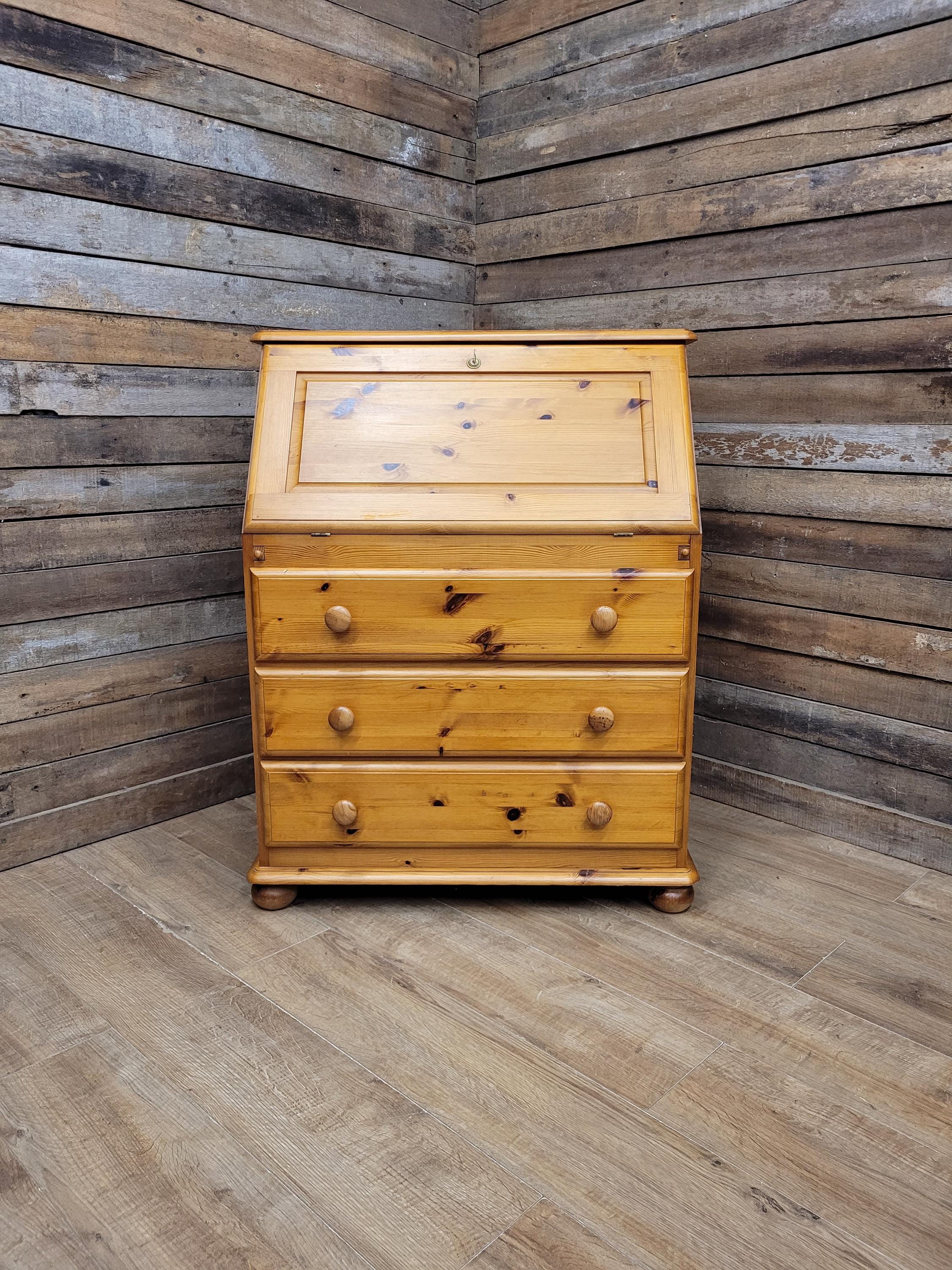 Vintage Solid Pine Bureau Writing Desk Three Drawer Secretary