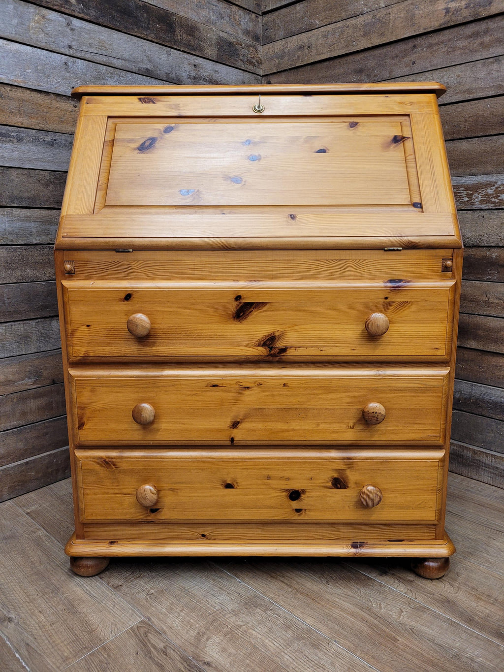 Vintage Solid Pine Bureau Writing Desk Three Drawer Secretary