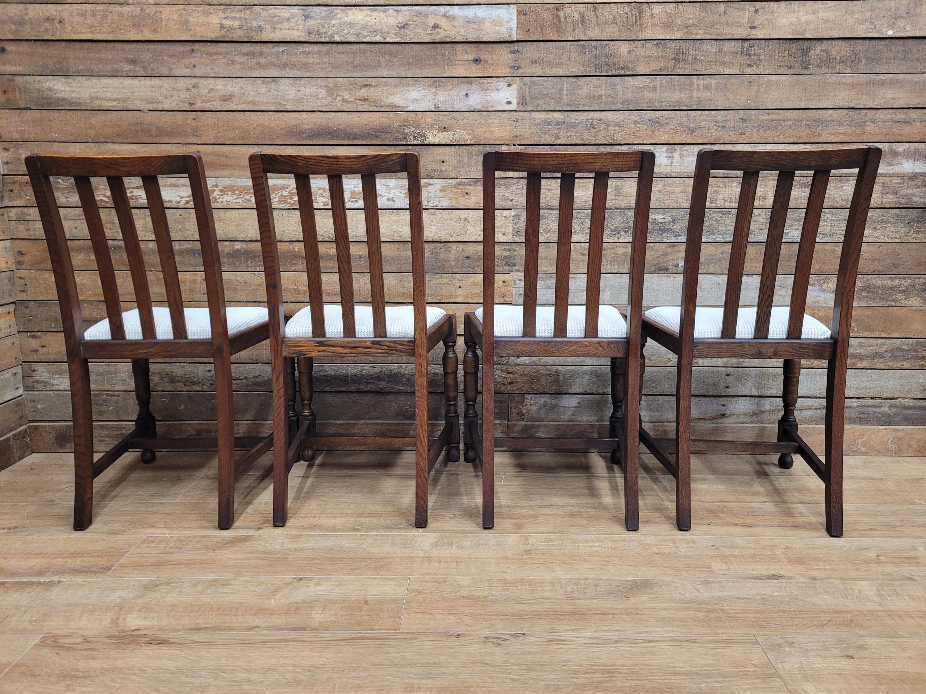 Set Of Four Oak Dining Chairs Neutral Chenille Upholstered Seats