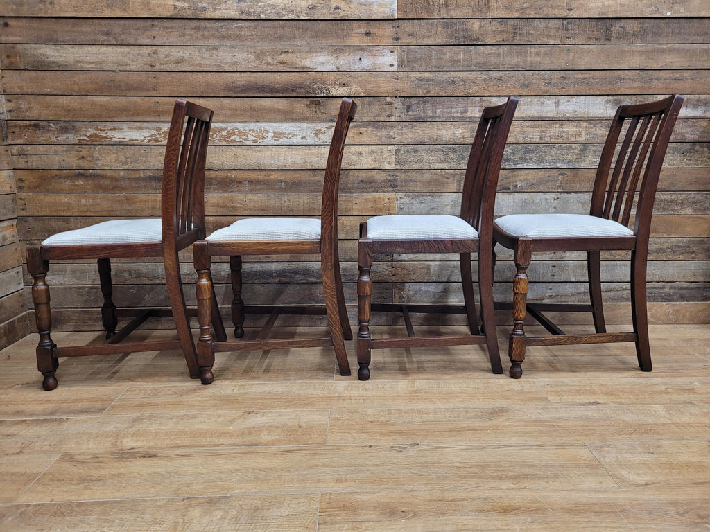 Set Of Four Oak Dining Chairs Neutral Chenille Upholstered Seats