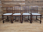 Set Of Four Oak Dining Chairs Neutral Chenille Upholstered Seats