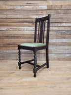 Edwardian Oak Barley Twist Dining Chair Green Velour Upholstered Seat