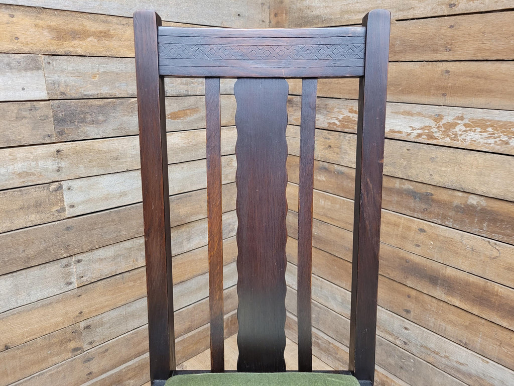Edwardian Oak Barley Twist Dining Chair Green Velour Upholstered Seat
