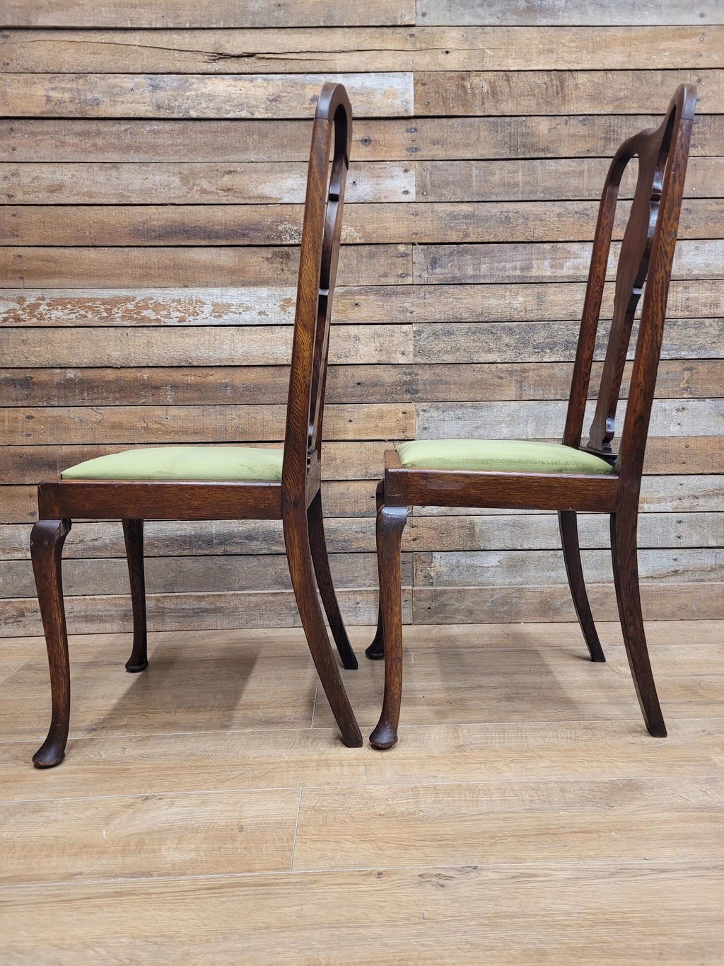Pair Of Oak Queen Anne Style Dining Chairs Olive Velvet Seats