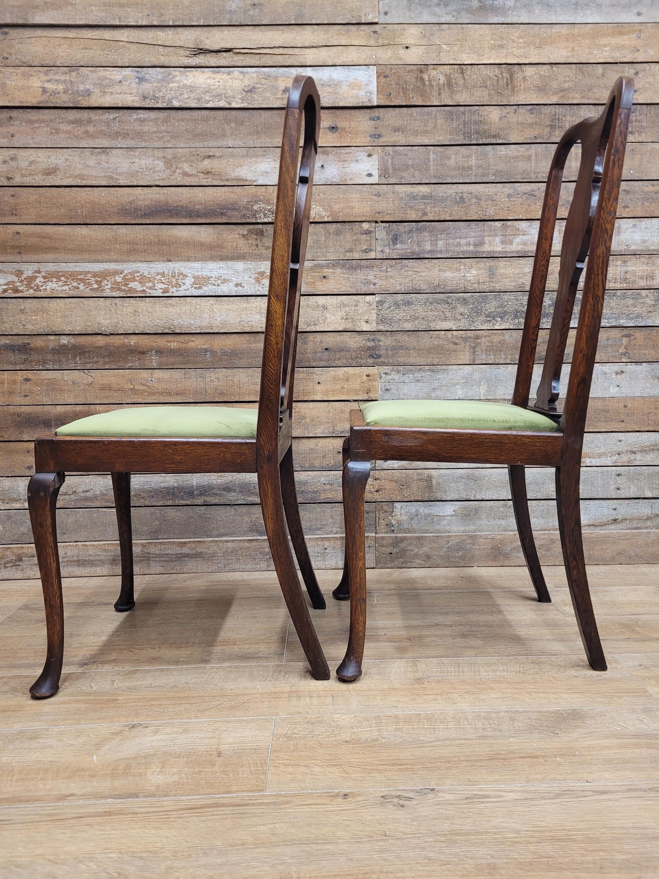 Pair Of Oak Queen Anne Style Dining Chairs Olive Velvet Seats